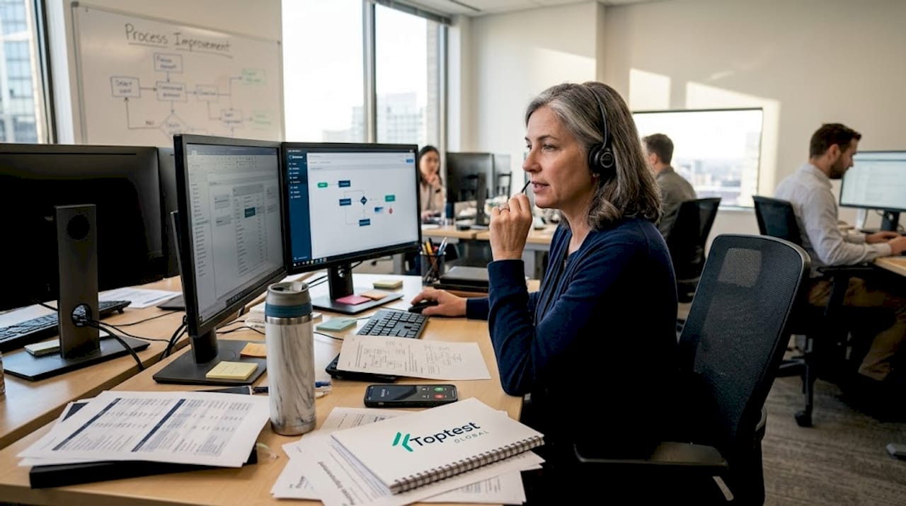 Office manager updating digital workflow diagram