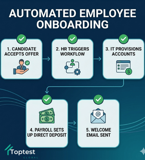 Step-by-step diagram of an automated employee onboarding process using a visual builder