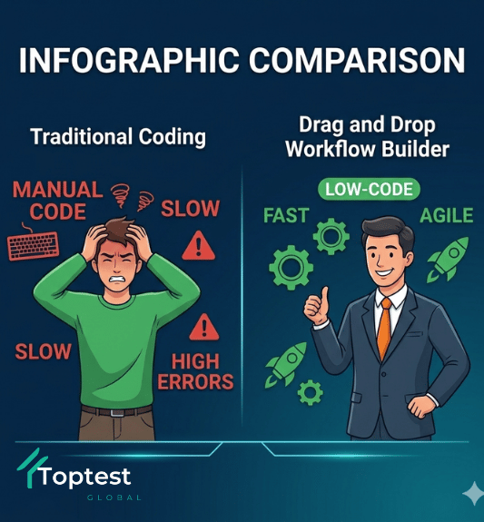 Infographic comparing manual coding complexity vs visual drag and drop workflow efficiency