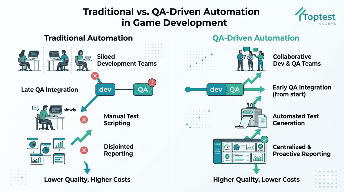 Comparison diagram showing traditional automation bottlenecks versus QA-driven workflow automation eliminating errors in gaming software development