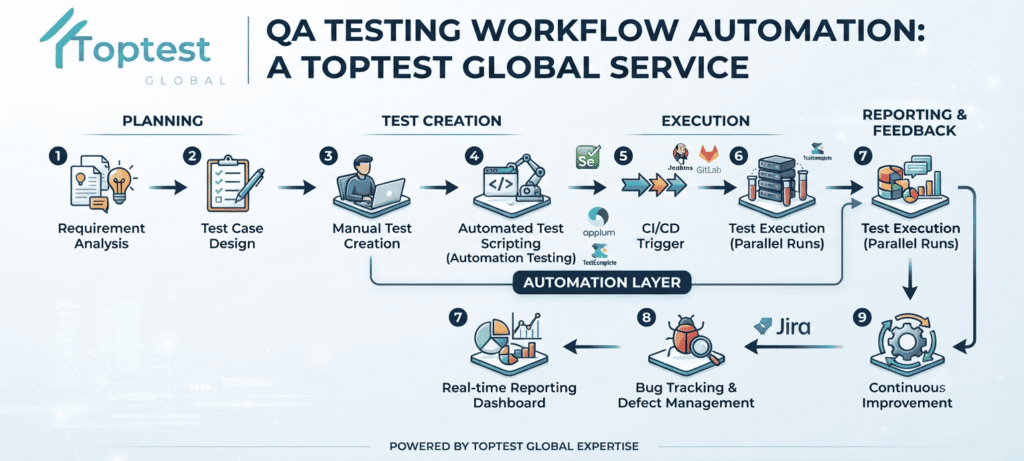 QA testing workflow automation diagram for software testing services singapore