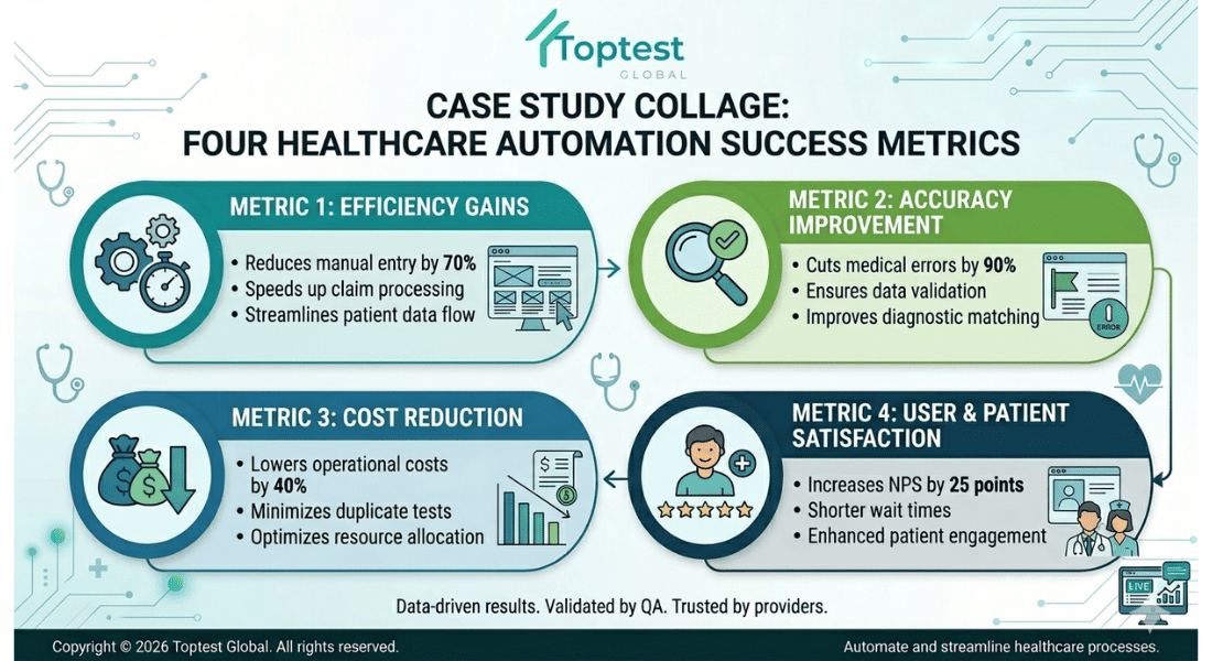 Four real-world healthcare automation results showing 48-hour onboarding, 2.3M procurement savings, 50K monthly telehealth onboardings, and 78% scheduling conflict reduction