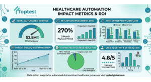 Software Development Services for healthcare - ROI dashboard showing healthcare automation results including 94% error reduction, 18x faster testing, 78% conflict reduction, and zero compliance incidents