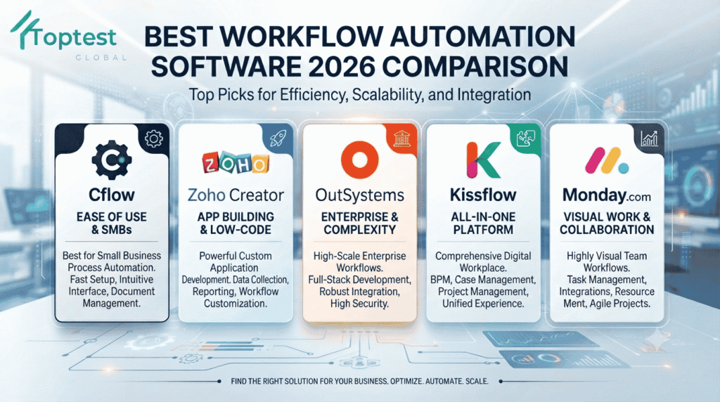Best workflow automation software 2026 comparison featuring Cflow, Zoho Creator, OutSystems, Kissflow, and Monday.com