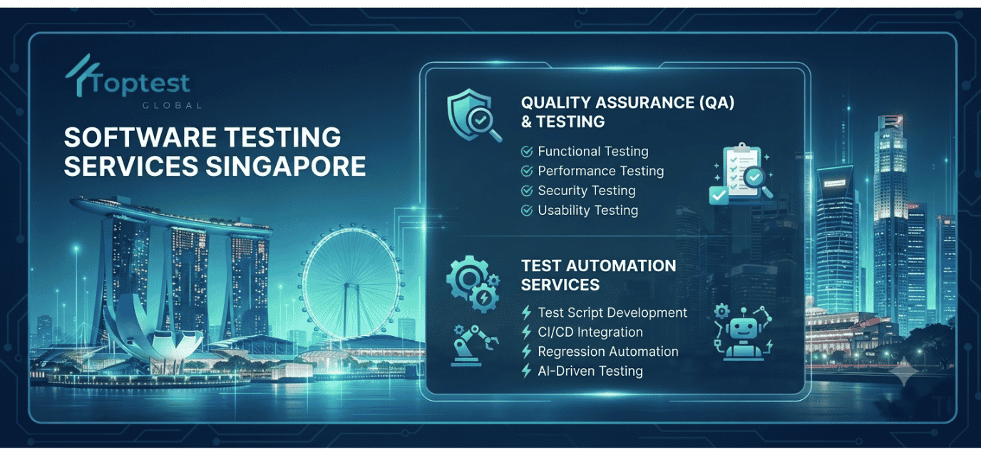 Software testing services singapore skyline with QA and automation testing icons