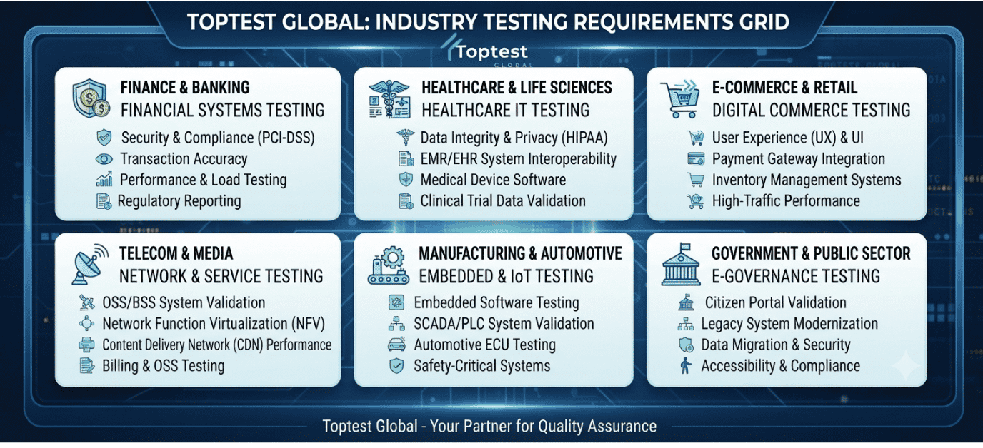 Software testing services by industry including fintech healthtech ecommerce edtech SaaS and logistics