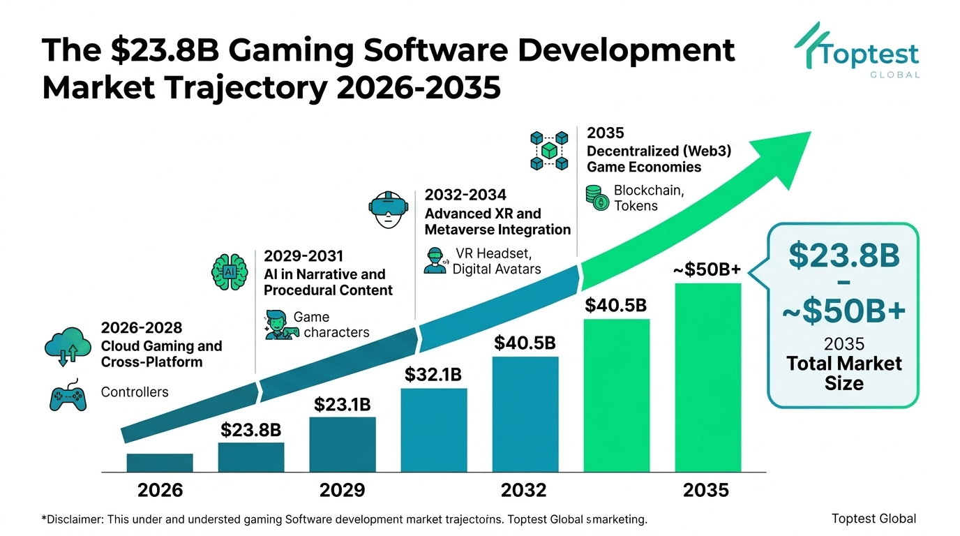 Gaming software development services market growth chart showing 15.9% CAGR from 2026 to 2035