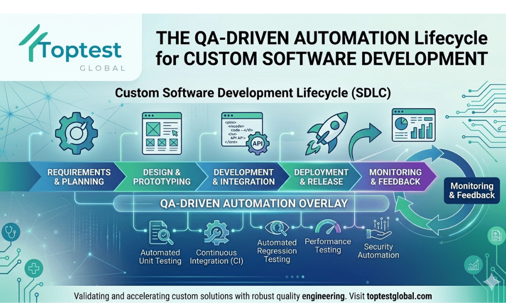 End-to-end custom software development services showing workflow automation integrated with automated QA testing pipeline and zero-bottleneck delivery