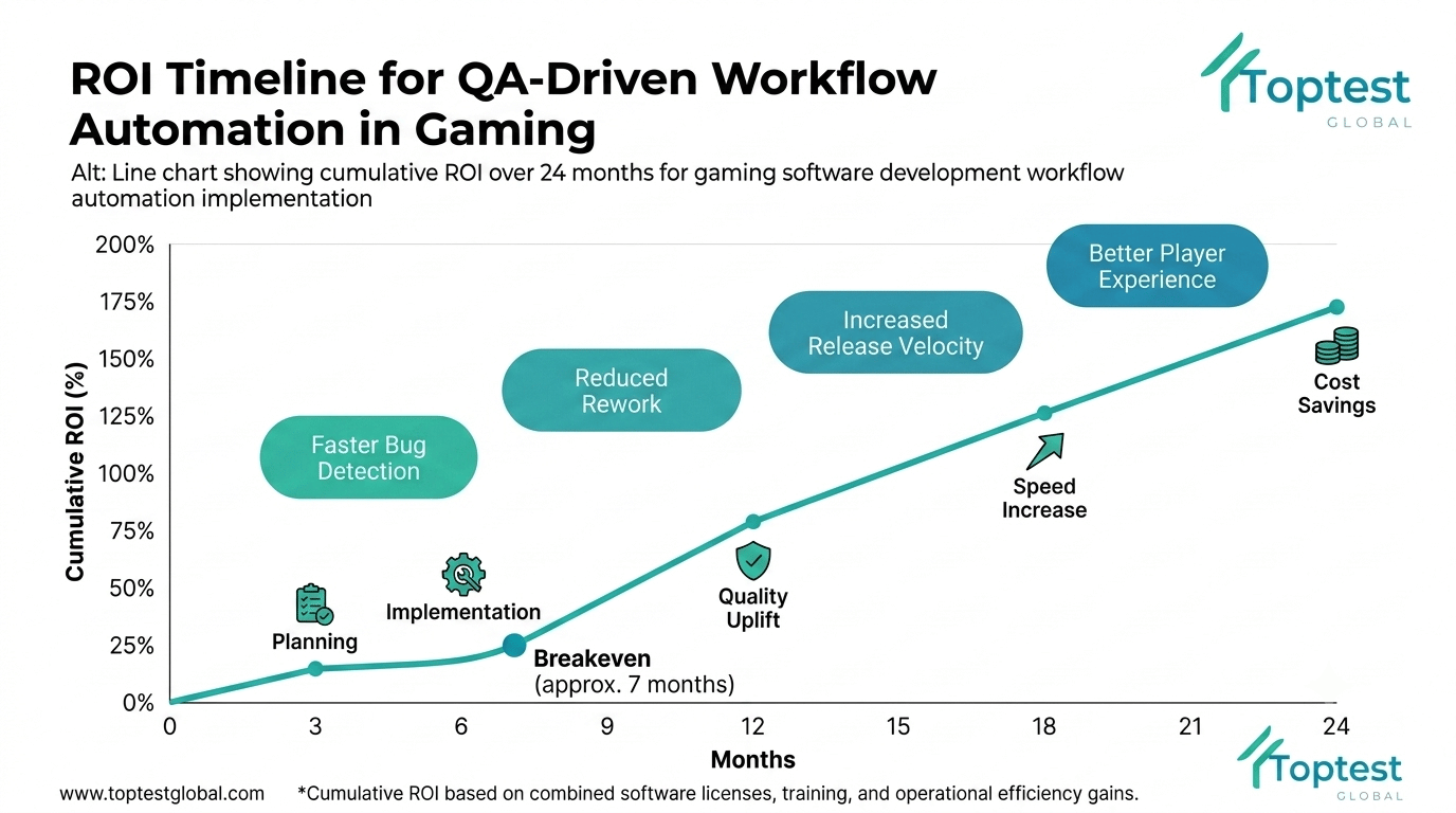 Line chart showing cumulative ROI over 24 months for gaming software development workflow automation implementation
