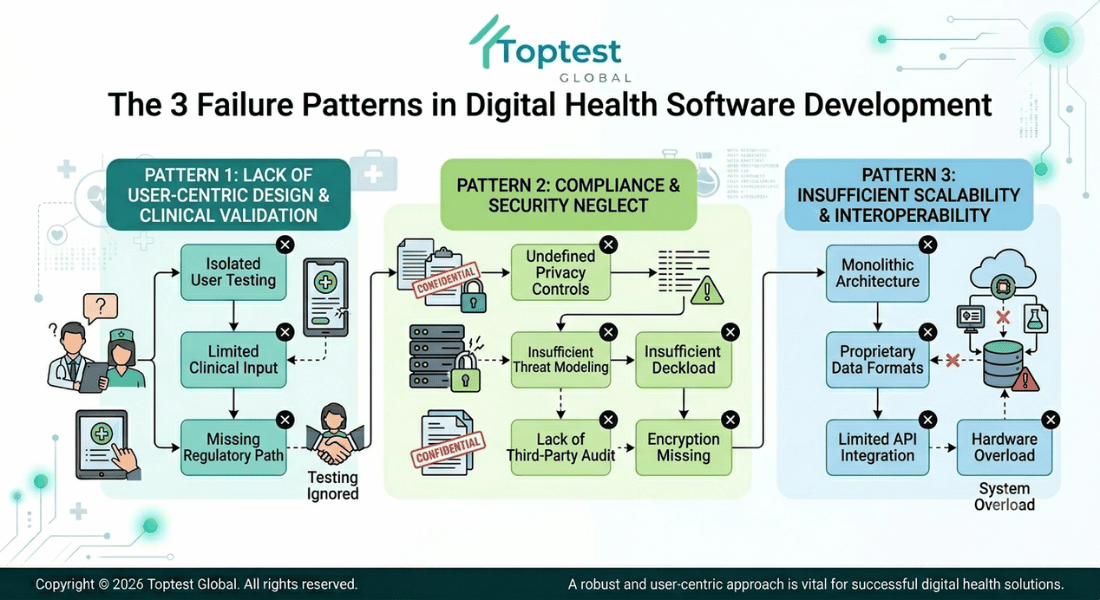 Three common failure patterns in healthcare software development: automation without validation, legacy integration without BPMN mapping, and compliance as an afterthought