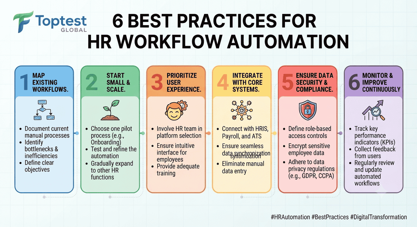 HR workflow automation best practices checklist showing data quality, exception handling, QA testing, change management, and continuous optimization
