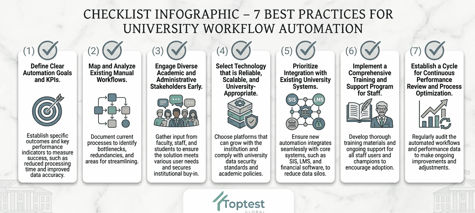 University workflow automation best practices checklist showing data architecture, peak load design, accessibility testing, and academic change management