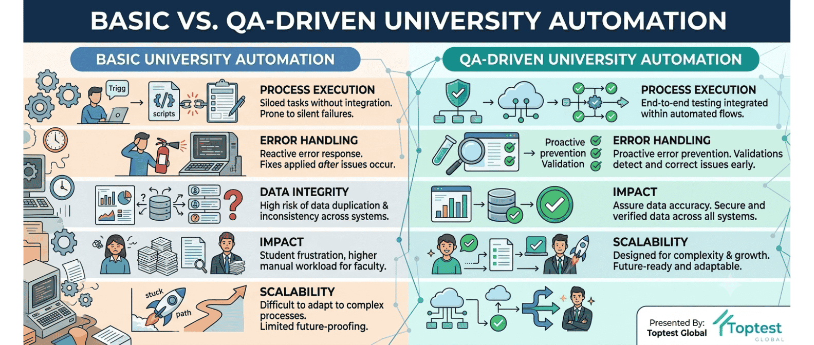 Side-by-side comparison showing basic campus automation versus QA-driven workflow automation for universities with software QA testing validation