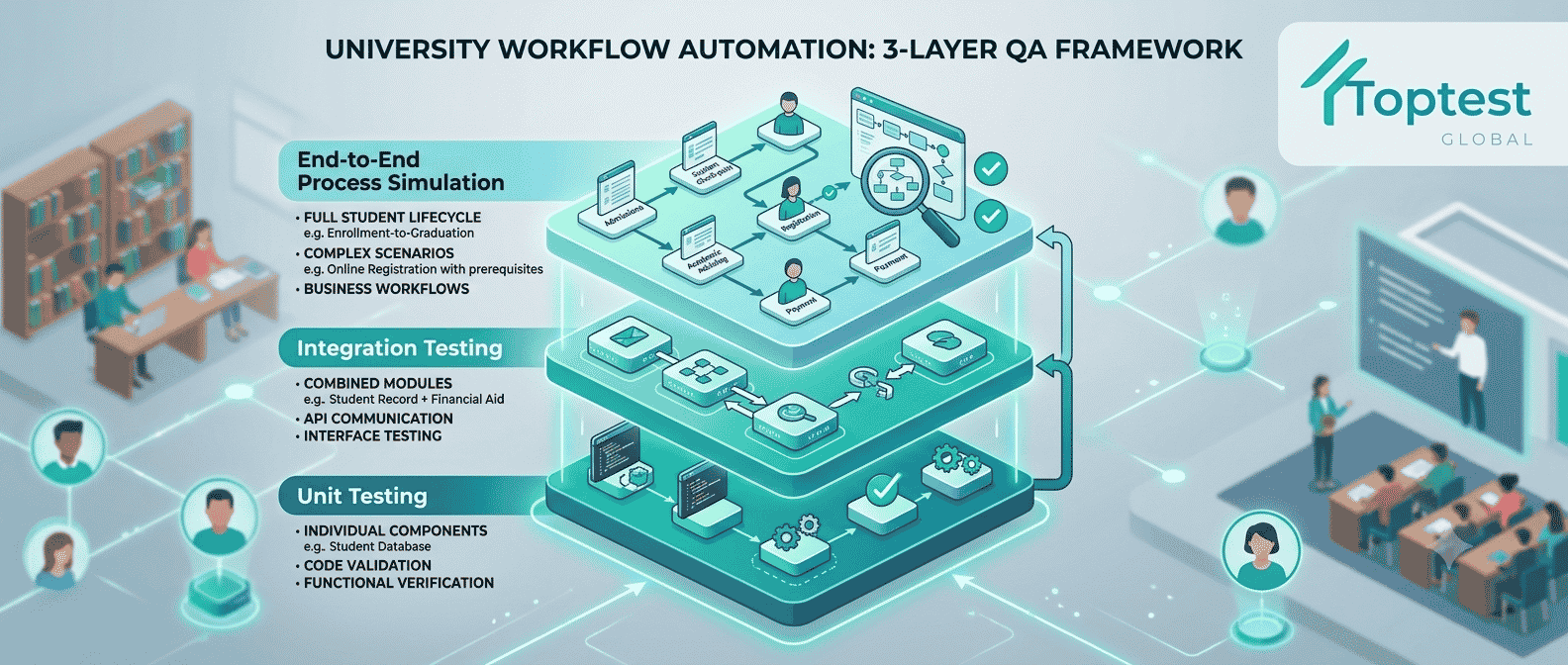 Three-layer quality assurance framework showing unit testing, integration testing, and end-to-end process simulation for workflow automation in universities