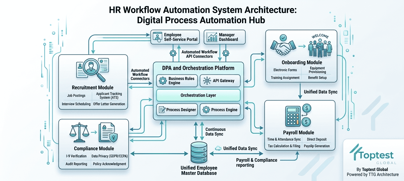 HR workflow automation system architecture showing digital process automation connecting recruitment, onboarding, payroll, and compliance modules