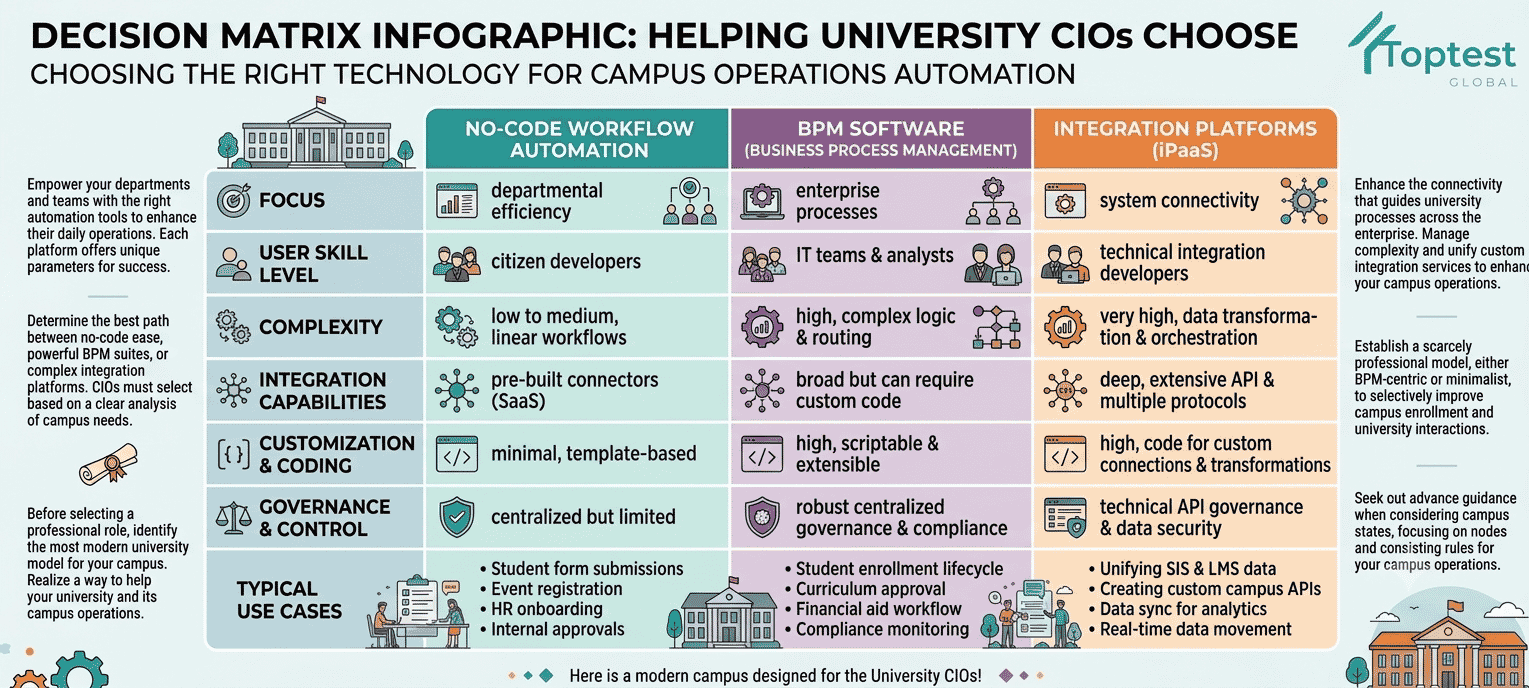 Decision matrix infographic helping university CIOs choose between no-code workflow automation, BPM software, and integration platforms for campus operations