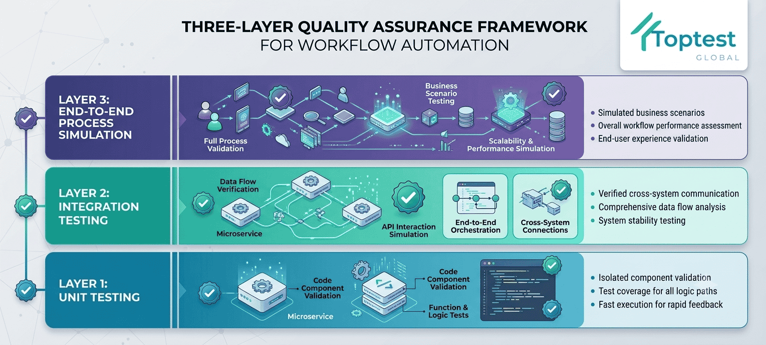 Three-layer quality assurance framework showing unit testing, integration testing, and end-to-end process simulation for workflow automation