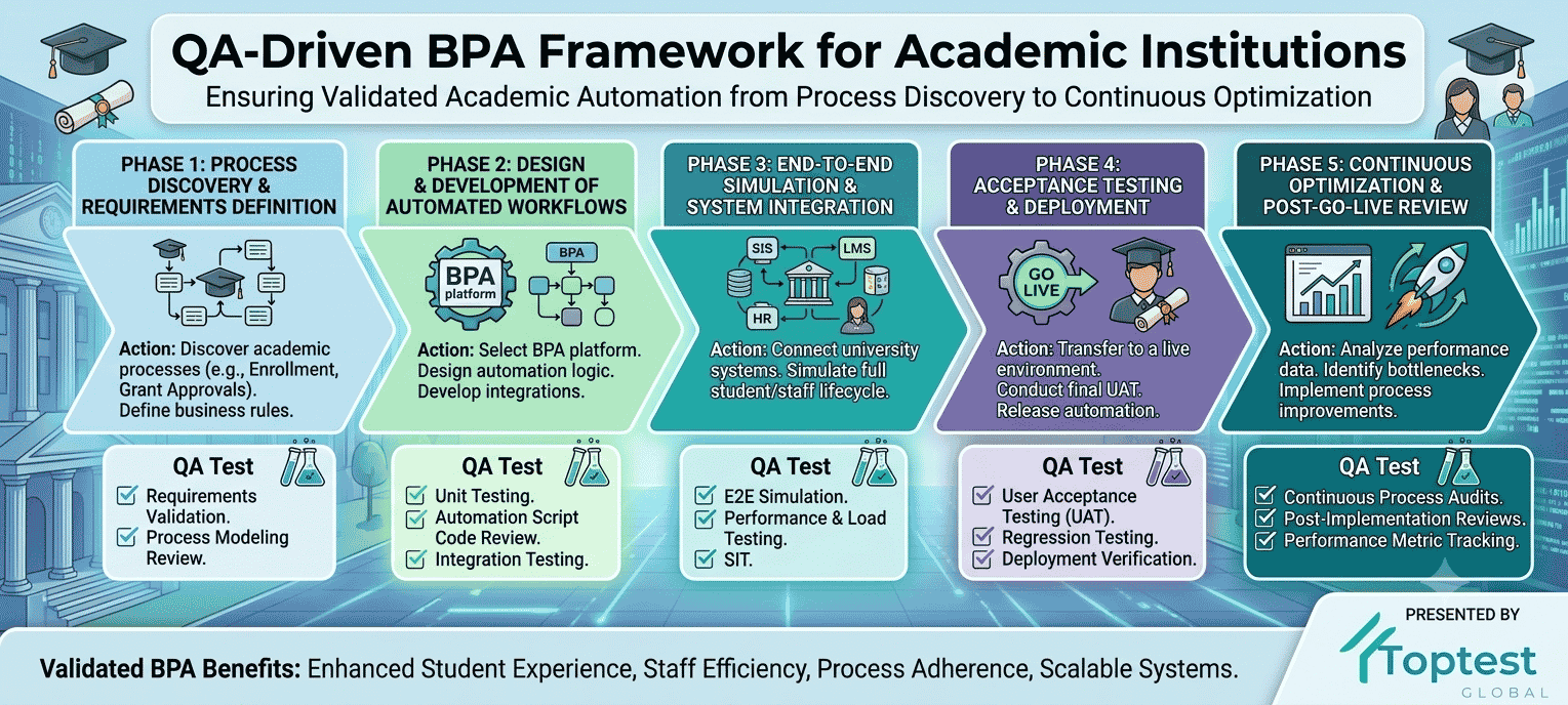 QA-Driven BPA Framework showing five phases from academic process discovery to continuous optimization with software QA testing at every stage
