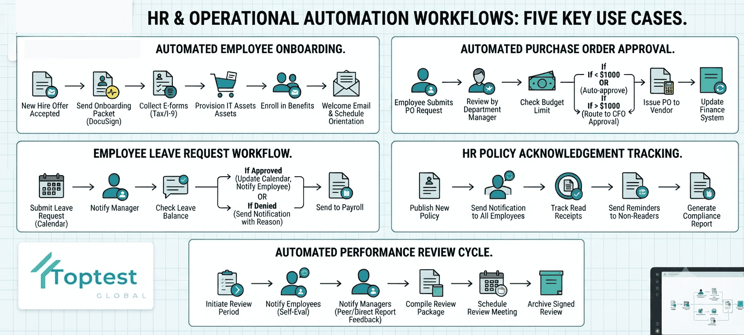 Visual workflow builder diagram showing five HR automation use cases including automated employee onboarding and automated purchase order approval
