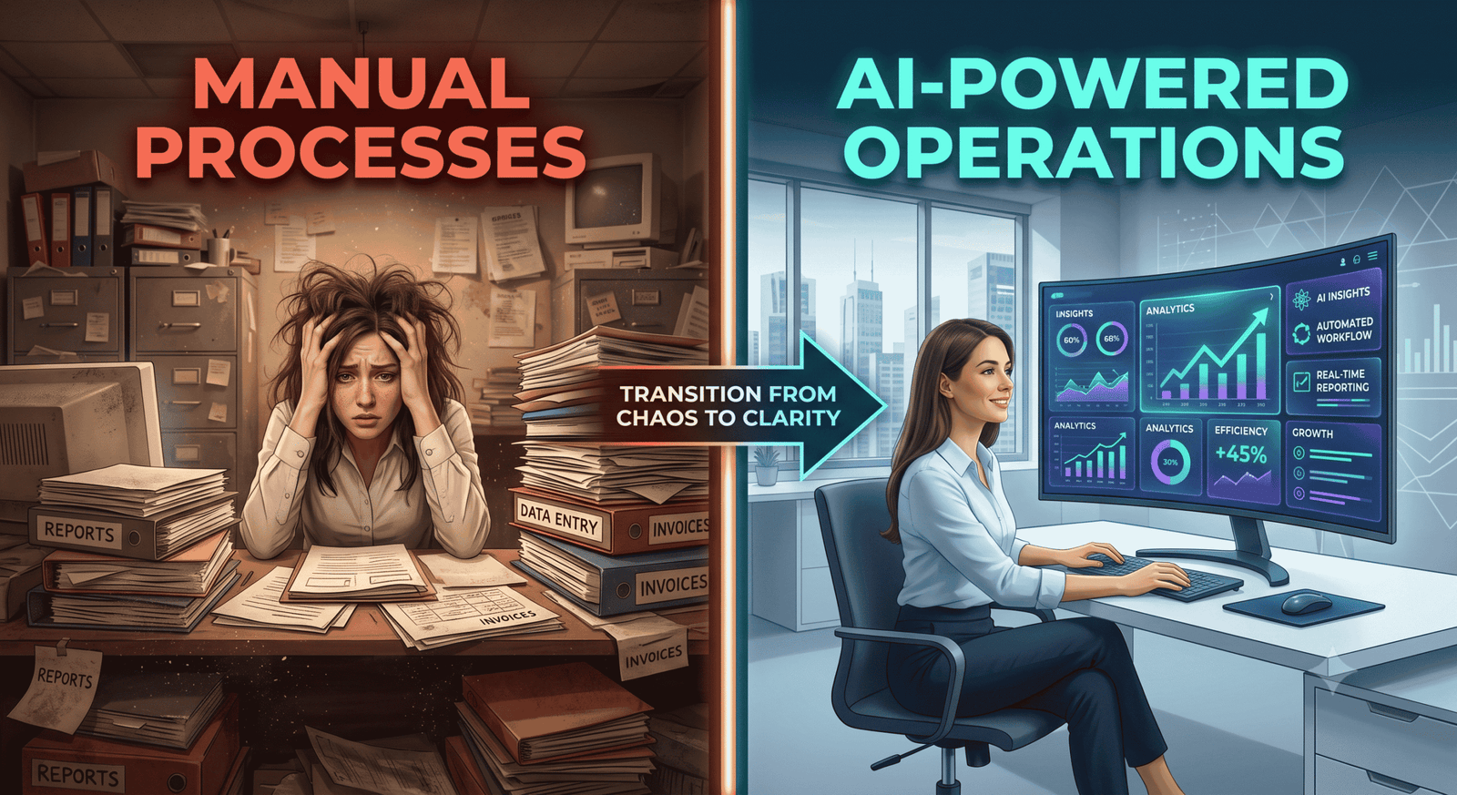 AI-Powered Operations, showing a streamlined digital dashboard with a glowing, intuitive UI, highlighting the transition from chaos to clarity.
