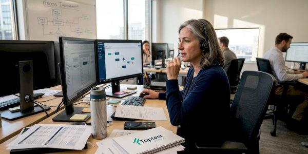 Office manager updating digital workflow diagram